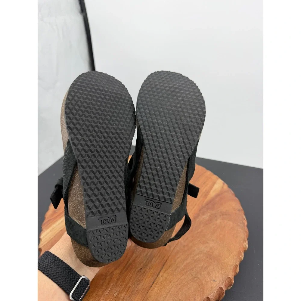 Teva Mahonia Wedge Thong Sandal Womens 8 Black Leather Cork Strappy 1116685